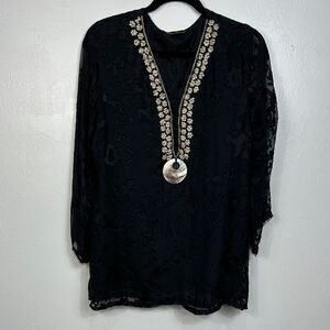 Silk Threads Black Silk Long Sleeve Sequined Blouse Top Size XL